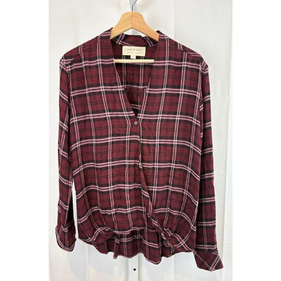 CLOTH & STONE Size M Plaid Drape Front Long Sleeve Top Soft Rayon Red Purple - Picture 1 of 7